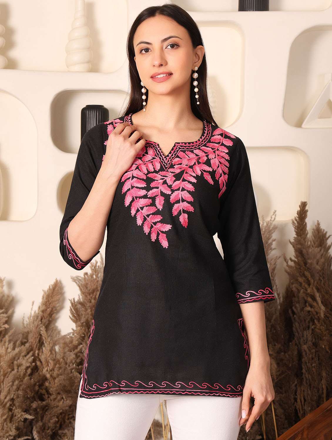 women solid with work three quarter sleeve straight kurti - 22385299 -  Standard Image - 2