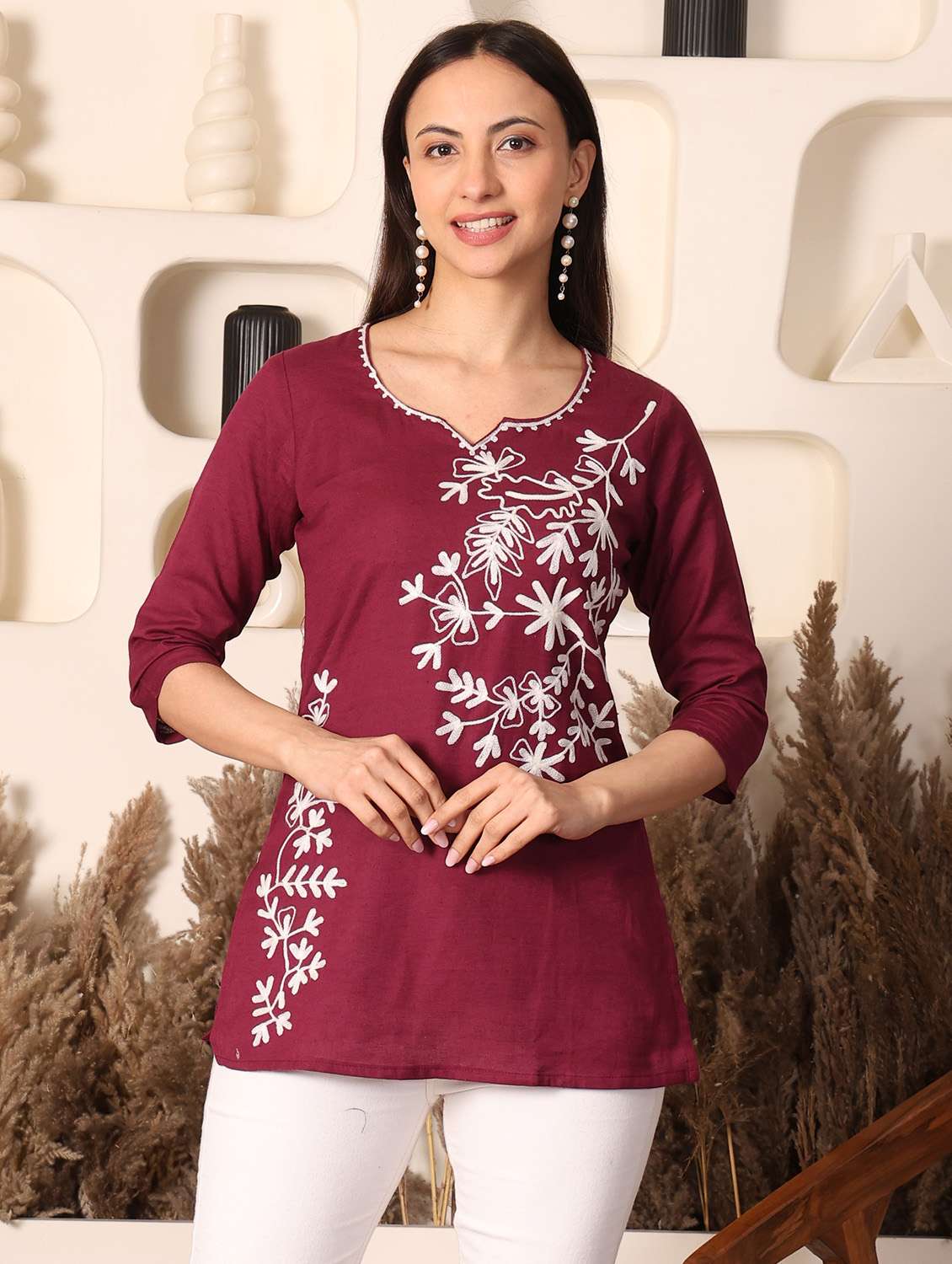 women solid with work notch neck straight kurti - 22385301 -  Standard Image - 2