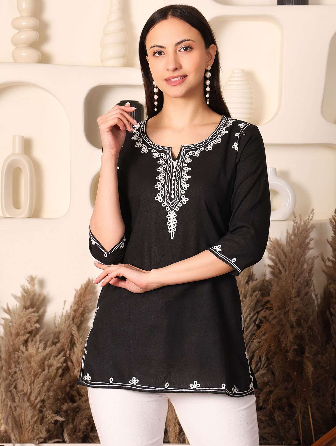 women solid with work notch neck straight kurti - 22385303 -  Standard Image - 2