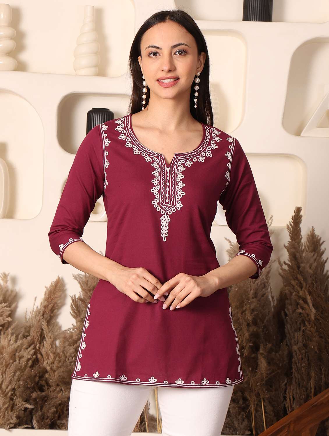 women solid with work notch neck straight kurti - 22385305 -  Standard Image - 2