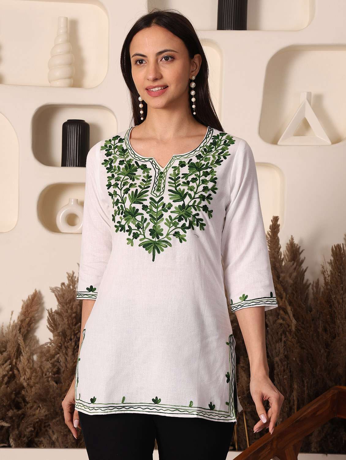 women solid with work notch neck straight kurti - 22385306 -  Standard Image - 2