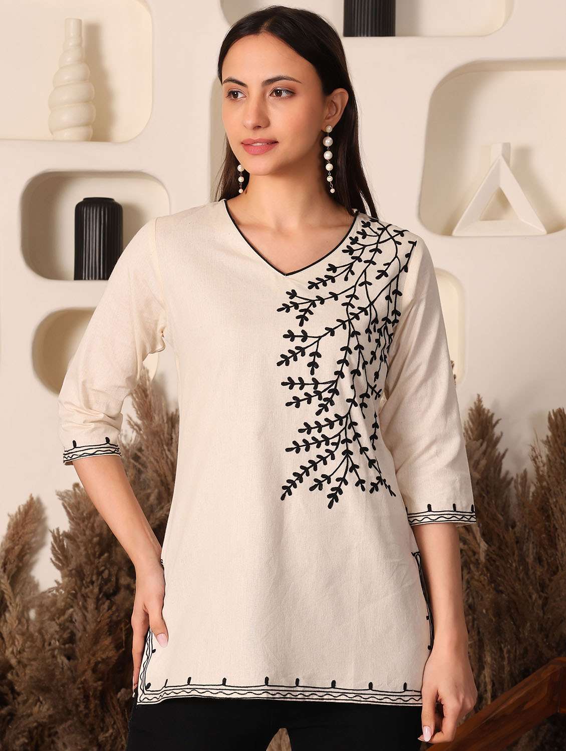 women solid with work notch neck straight kurti - 22385307 -  Standard Image - 2