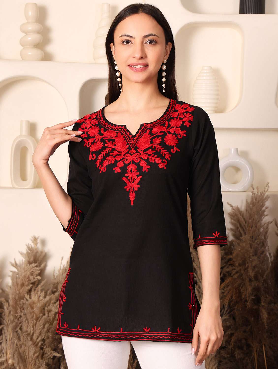 women solid with work notch neck straight kurti - 22385308 -  Standard Image - 2