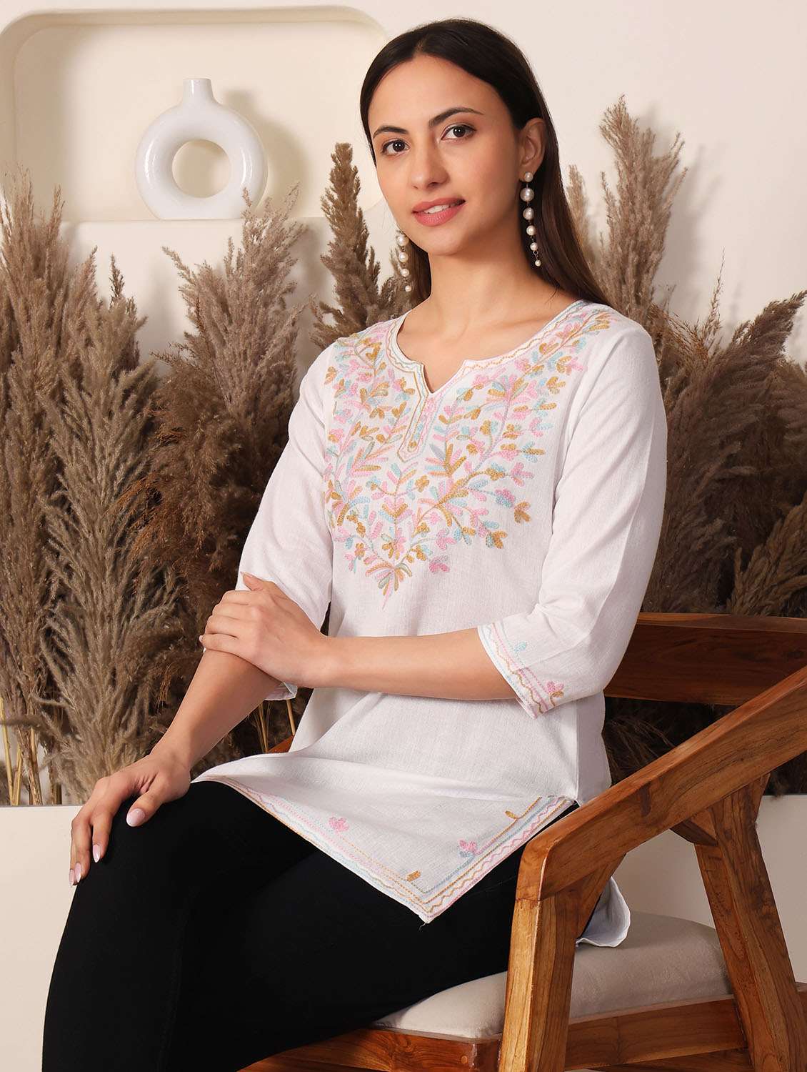 women solid with work notch neck straight kurti - 22385311 -  Standard Image - 2