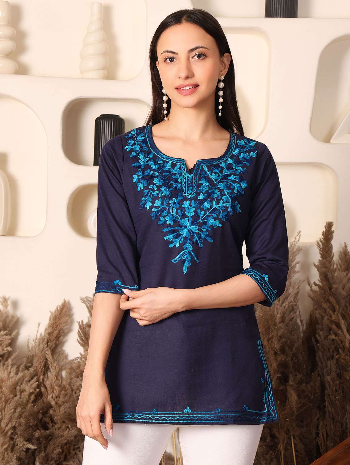 women solid with work notch neck straight kurti - 22385312 -  Standard Image - 2