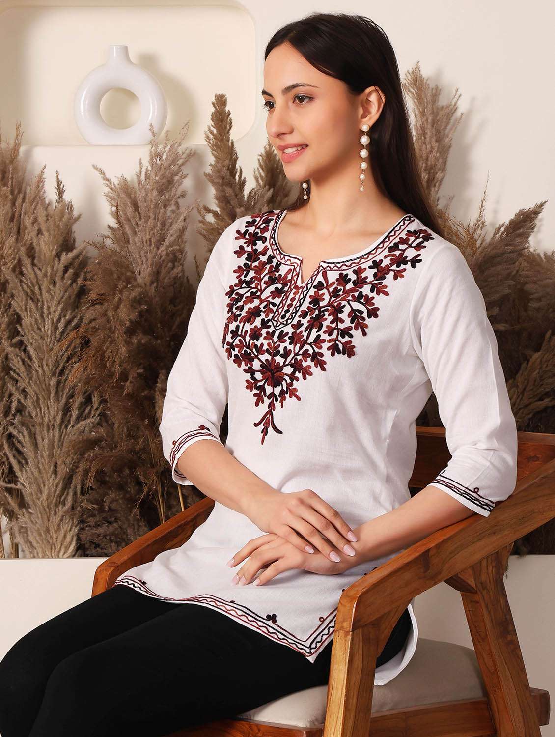 women solid with work notch neck straight kurti - 22385313 -  Standard Image - 2