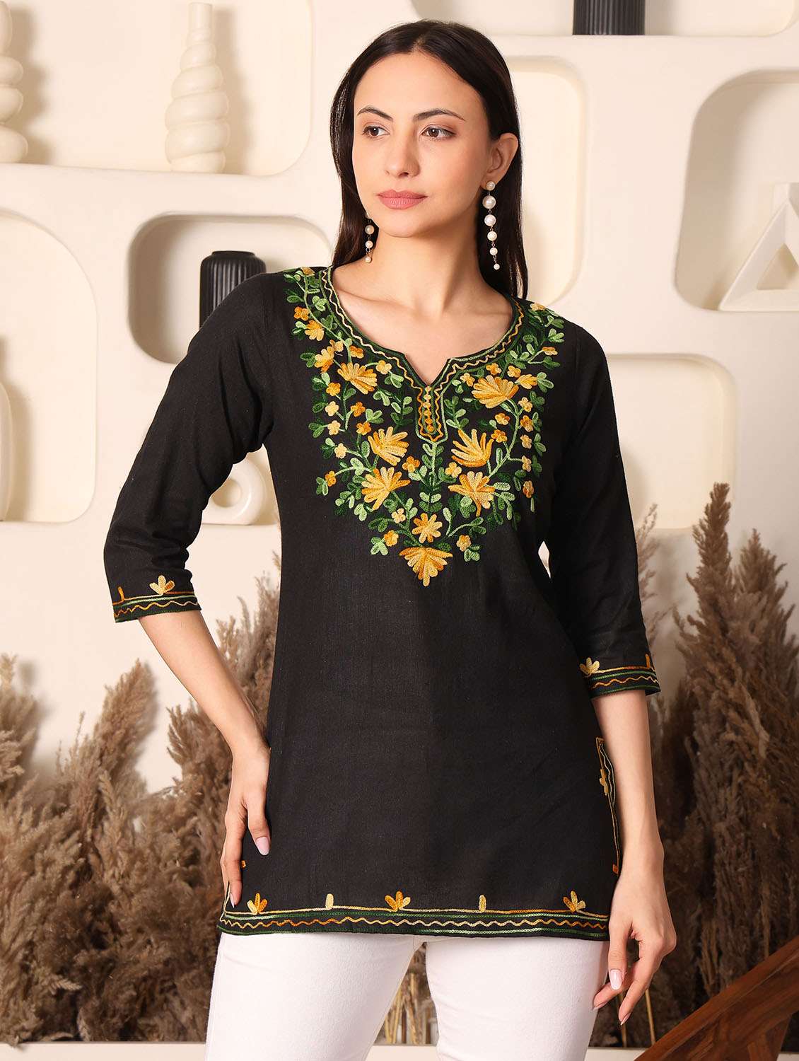 women solid with work notch neck straight kurti - 22385315 -  Standard Image - 2