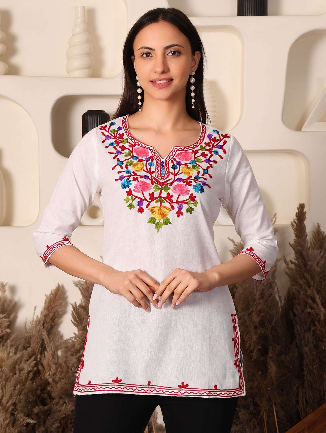 women solid with work notch neck straight kurti - 22385318 -  Standard Image - 2
