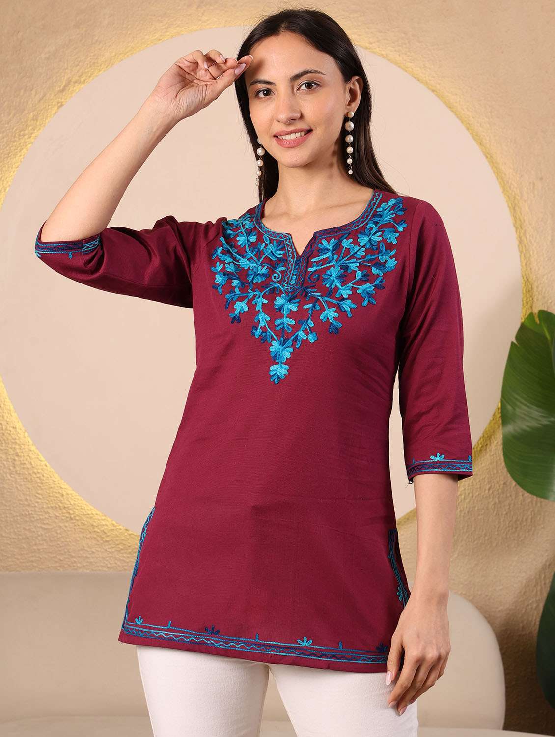women solid with work notch neck straight kurti - 22385319 -  Standard Image - 2