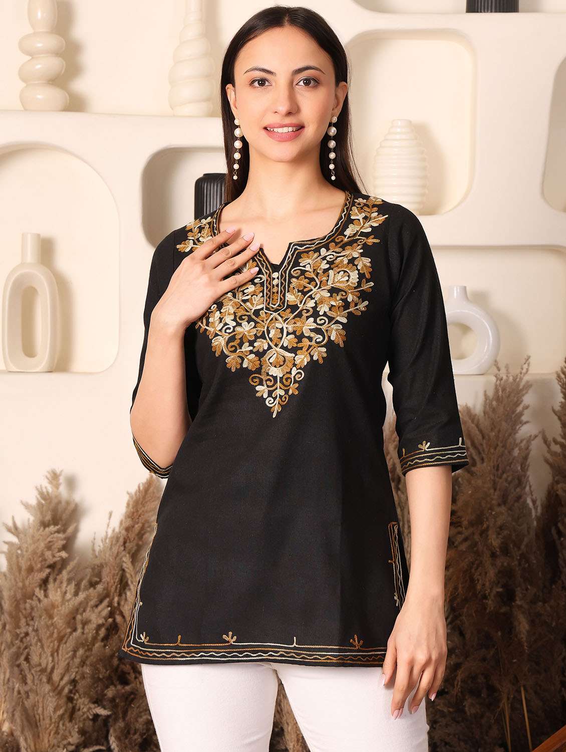women solid with work notch neck straight kurti - 22385320 -  Standard Image - 2