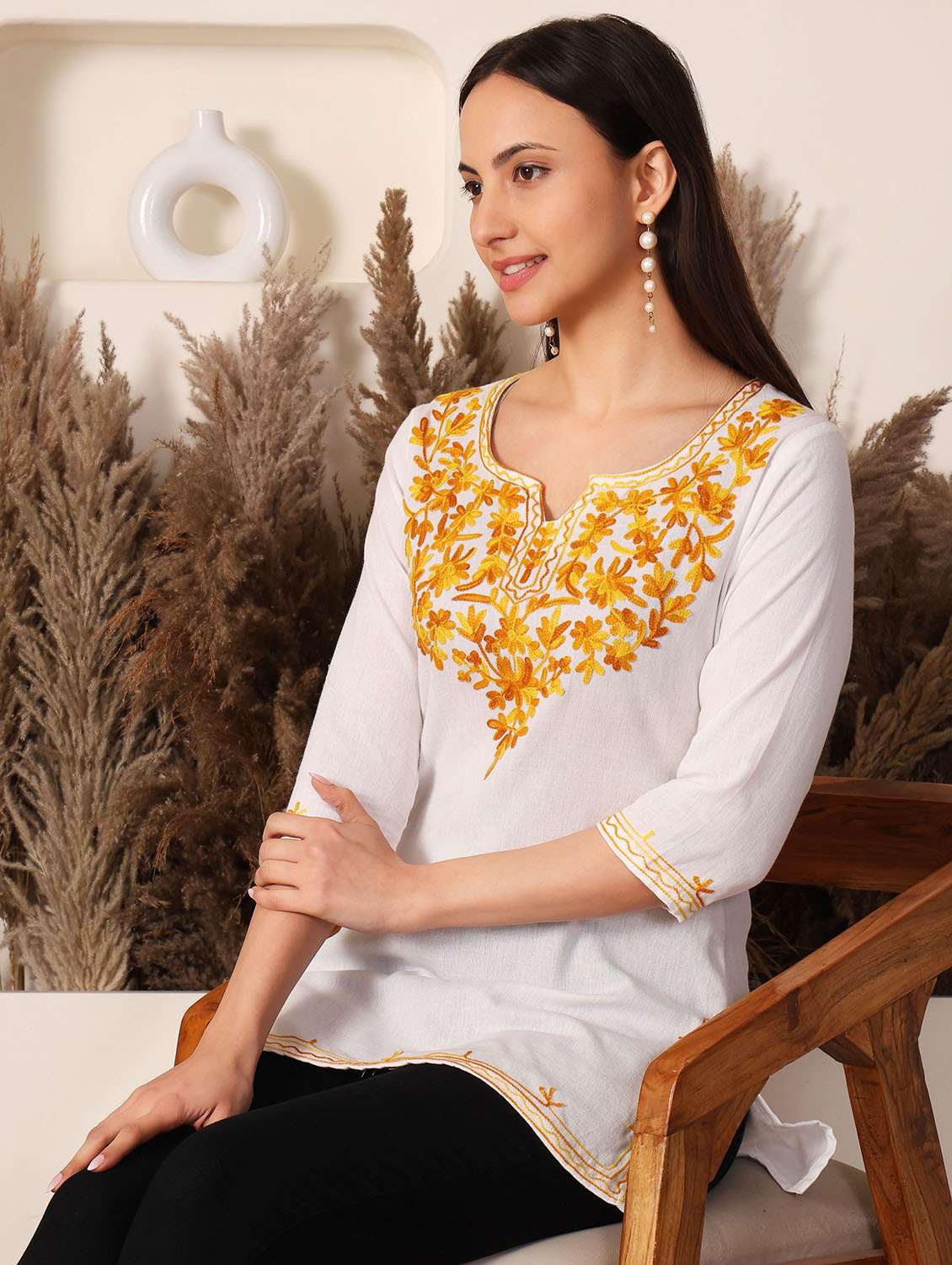 women solid with work notch neck straight kurti - 22385322 -  Standard Image - 2