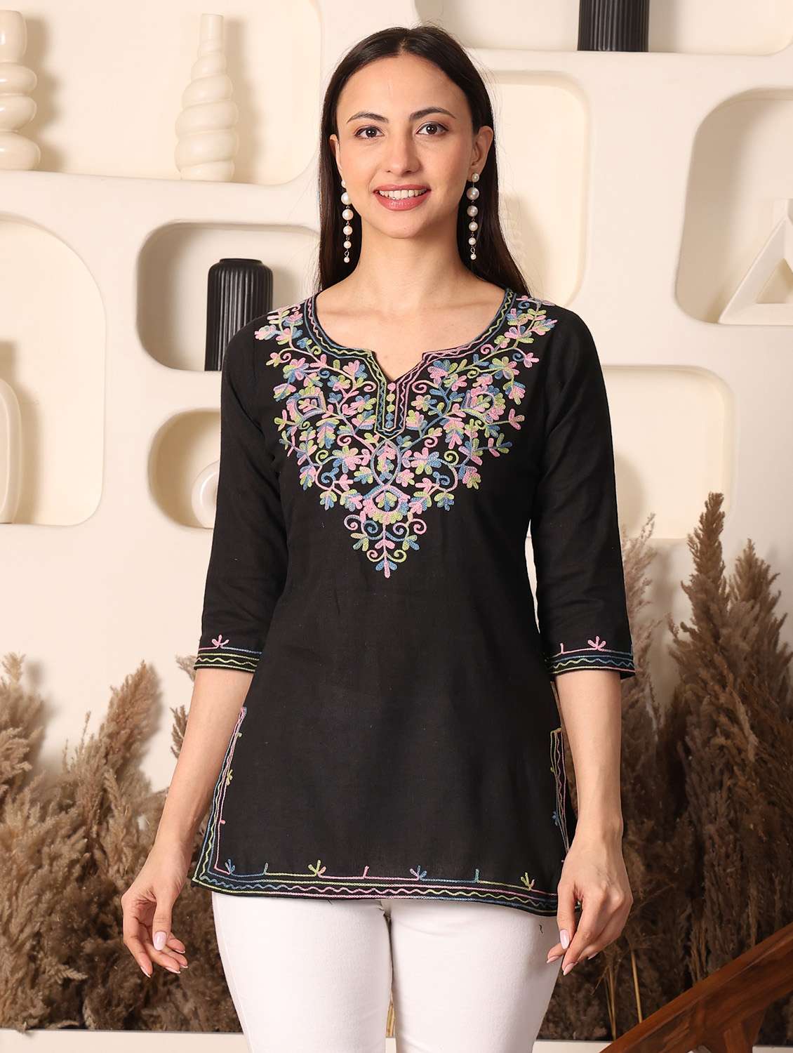 women solid with work notch neck straight kurti - 22385323 -  Standard Image - 2