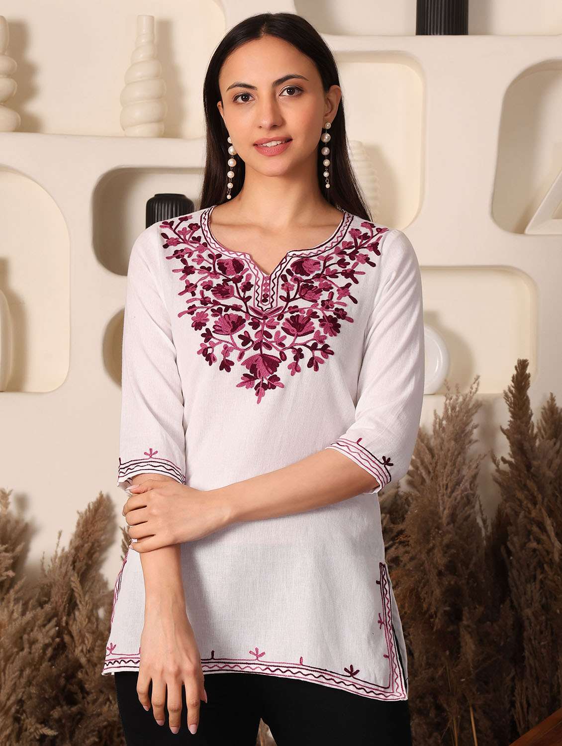 women solid with work notch neck straight kurti - 22385324 -  Standard Image - 2