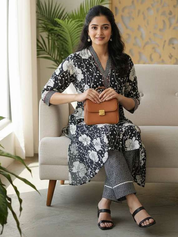 women printed three quarter sleeve kurta and pant set - 22385332 -  Standard Image - 2