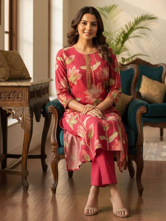 women printed three quarter sleeve kurta and pant set - 22385336 -  Standard Image - 2