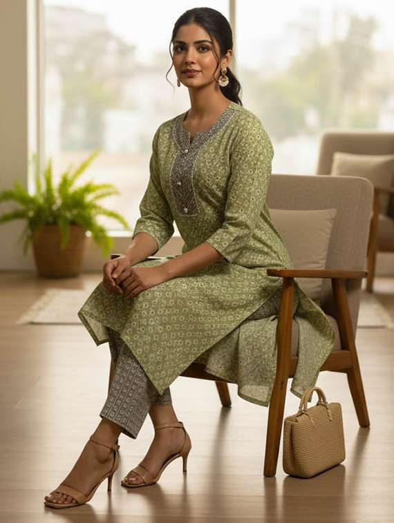 women printed three quarter sleeve kurta and pant set - 22385337 -  Standard Image - 2