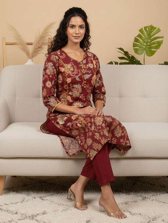 women printed three quarter sleeve kurta and pant set - 22385338 -  Standard Image - 2