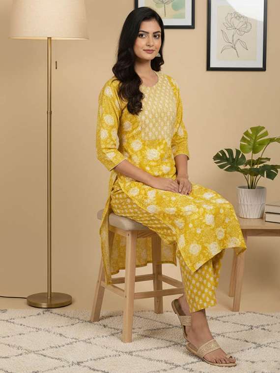 women printed three quarter sleeve kurta and pant set - 22385341 -  Standard Image - 2