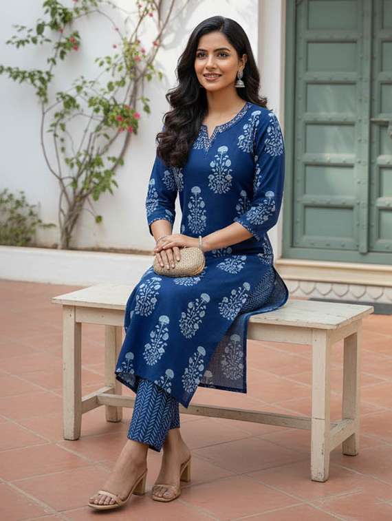 women printed three quarter sleeve kurta and pant set - 22385342 -  Standard Image - 2