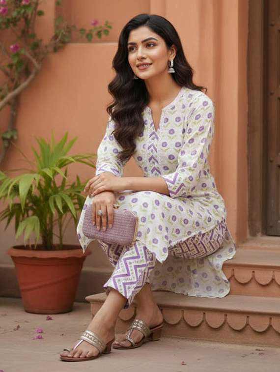 women printed three quarter sleeve kurta and pant set - 22385343 -  Standard Image - 2