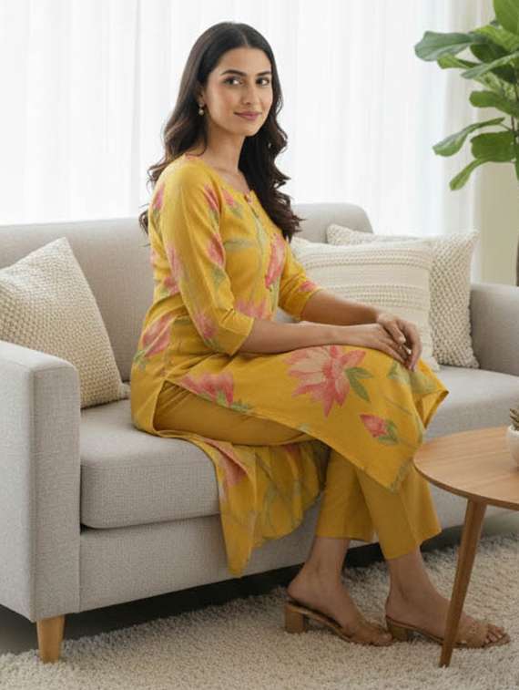 Women Printed Three Quarter Sleeve Kurta And Pant Set - 22385344 -  Standard Image - 2