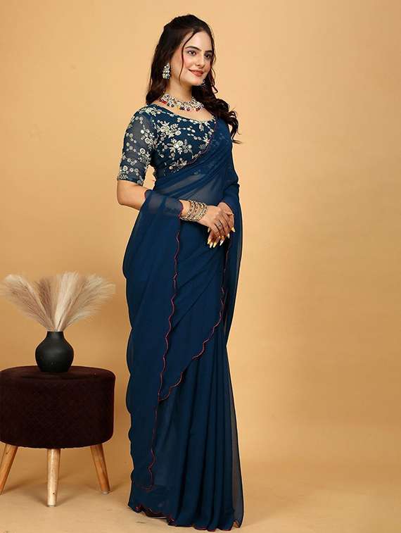 women solid plain saree with blouse - 22385357 -  Standard Image - 2