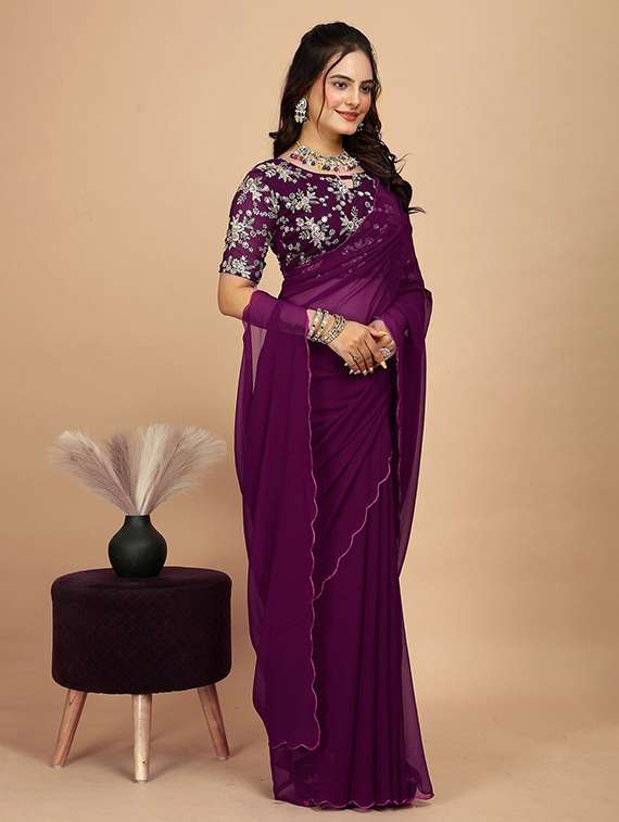 women solid plain saree with blouse - 22385395 -  Standard Image - 2