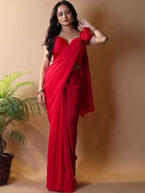 women solid plain saree with blouse - 22385427 -  Standard Image - 2