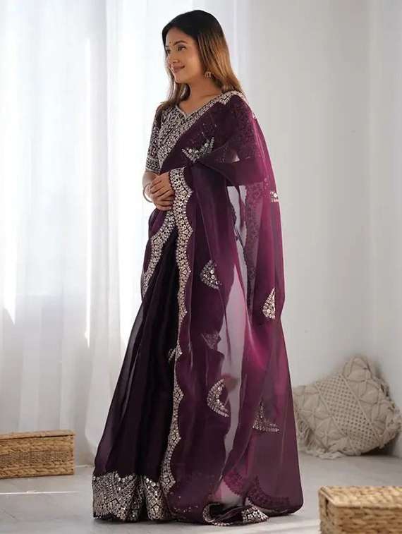 women solid with work embroidered saree with blouse - 22385432 -  Standard Image - 2