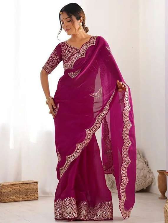 women solid with work embroidered saree with blouse - 22385444 -  Standard Image - 2