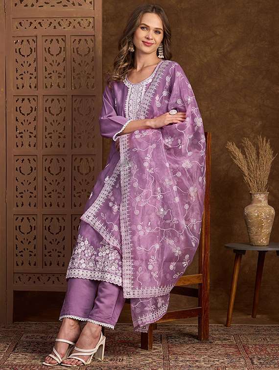 women solid with work three quarter sleeve kurta pant with dupatta set - 22385483 -  Standard Image - 2