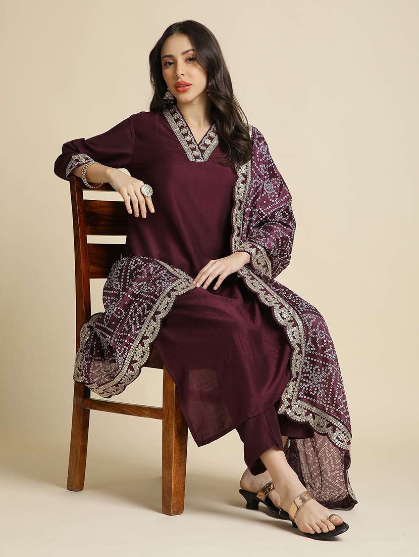 women solid three quarter sleeve kurta pant with dupatta set - 22385487 -  Standard Image - 2