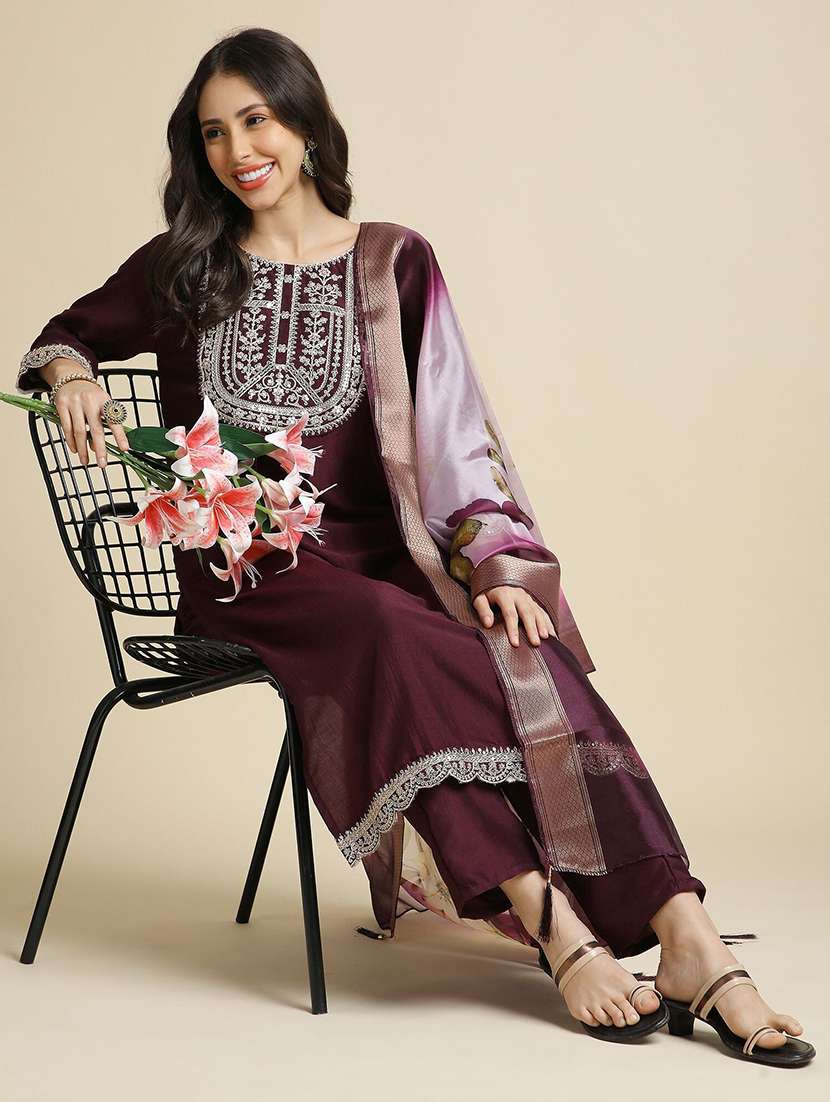 Women Solid With Work Three Quarter Sleeve Kurta Pant With Dupatta Set - 22385488 -  Standard Image - 2