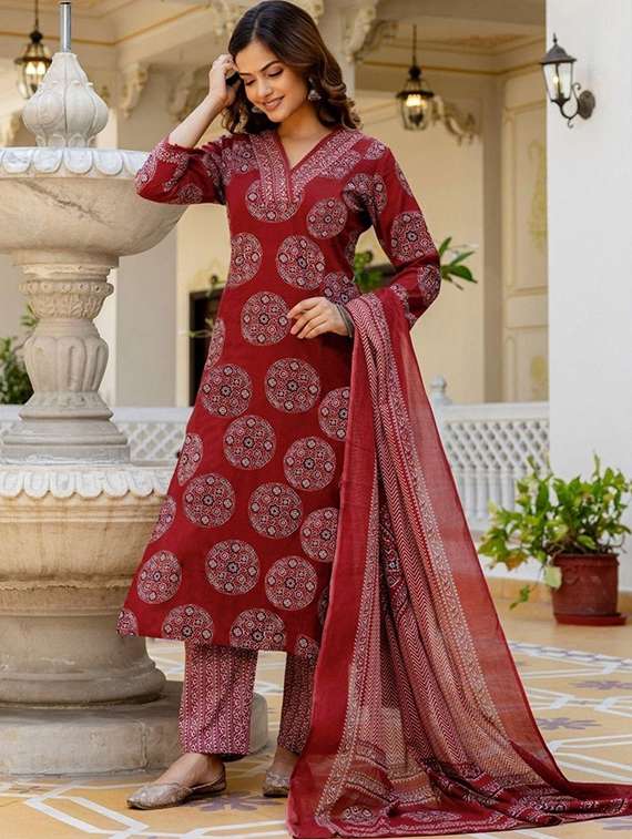 women printed three quarter sleeve kurta pant with dupatta set - 22385503 -  Standard Image - 2