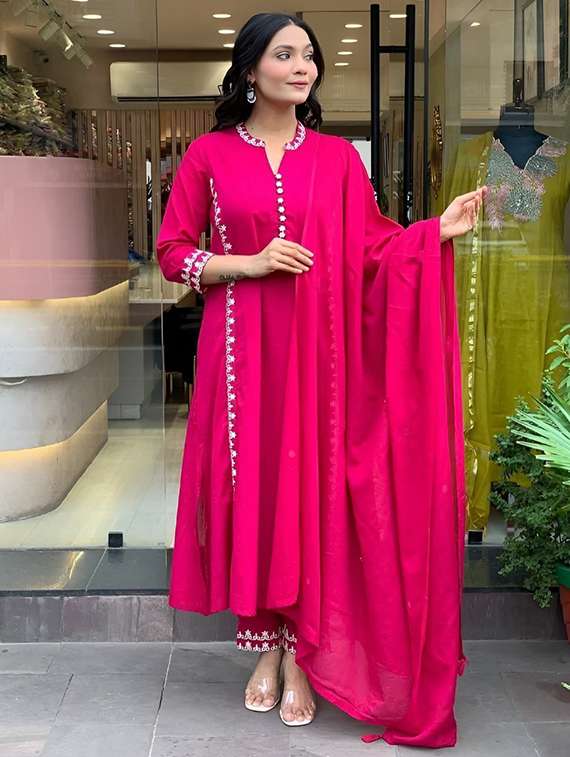 women solid with work three quarter sleeve kurta pant with dupatta set - 22385512 -  Standard Image - 2