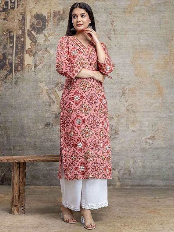 women printed three quarter sleeve straight kurta - 22385548 -  Standard Image - 2