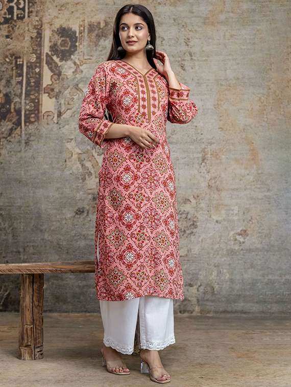 women printed three quarter sleeve straight kurta - 22385549 -  Standard Image - 2