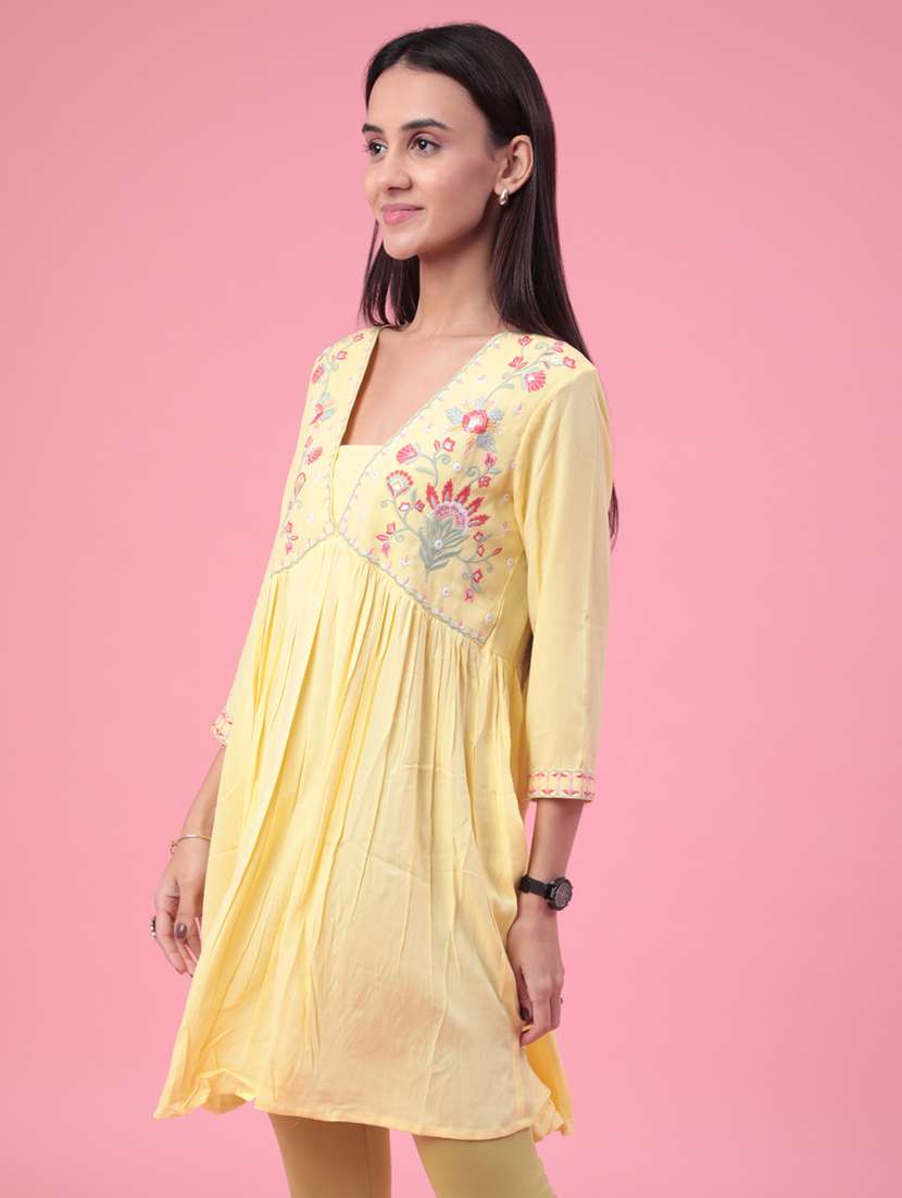 yellow cotton flared kurti - 22385887 -  Standard Image - 2