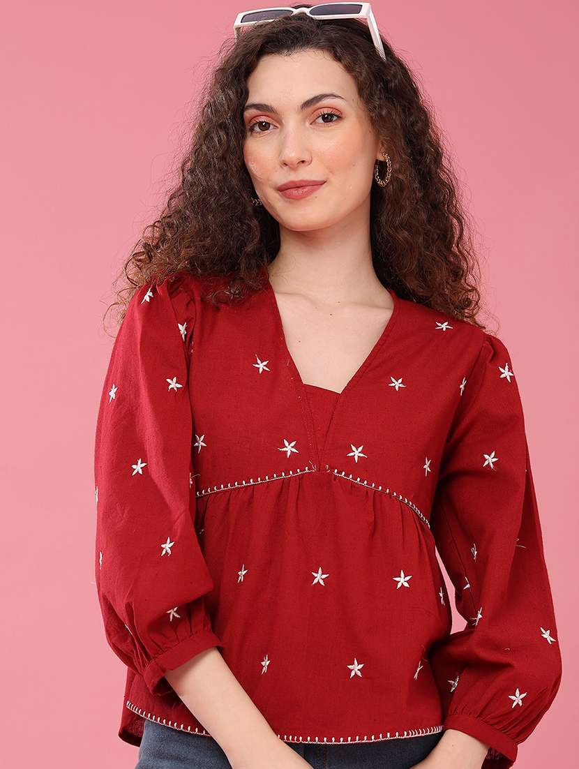 Women Embroidered Three Quarter Sleeves A-line Top - 22385906 -  Standard Image - 2
