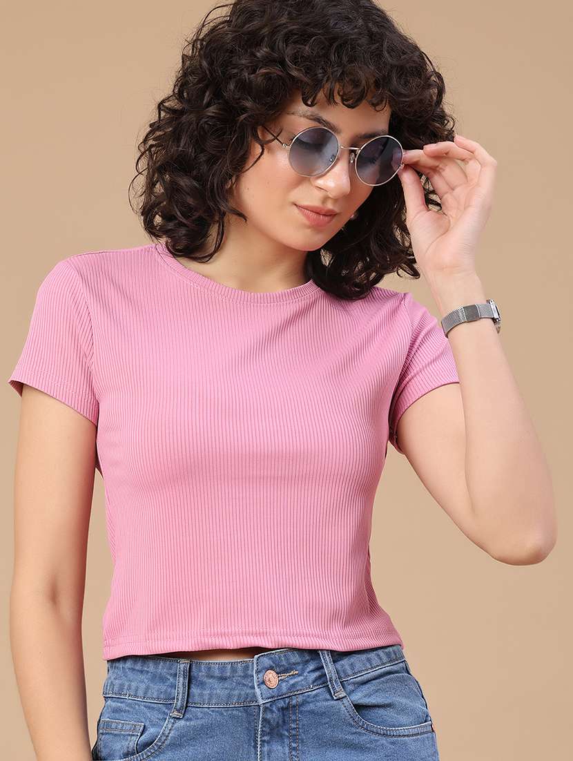women solid short sleeves crop t-shirt