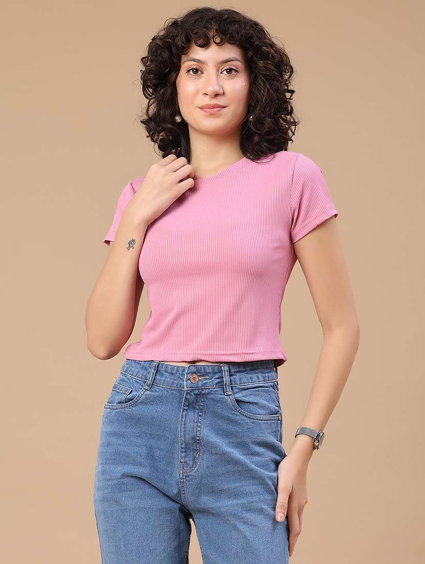 women solid short sleeves crop t-shirt - 22386569 -  Standard Image - 2