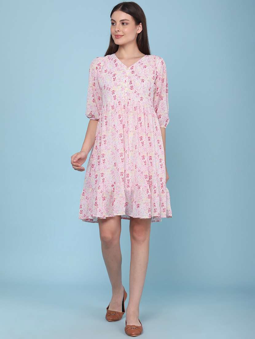women printed v neck fit and flare dress - 22386580 -  Standard Image - 2