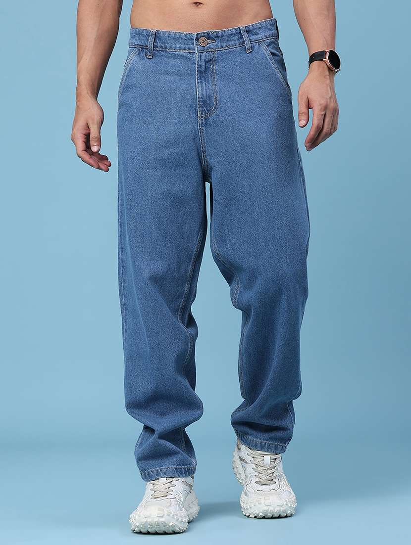 men solid mid rise baggy jeans