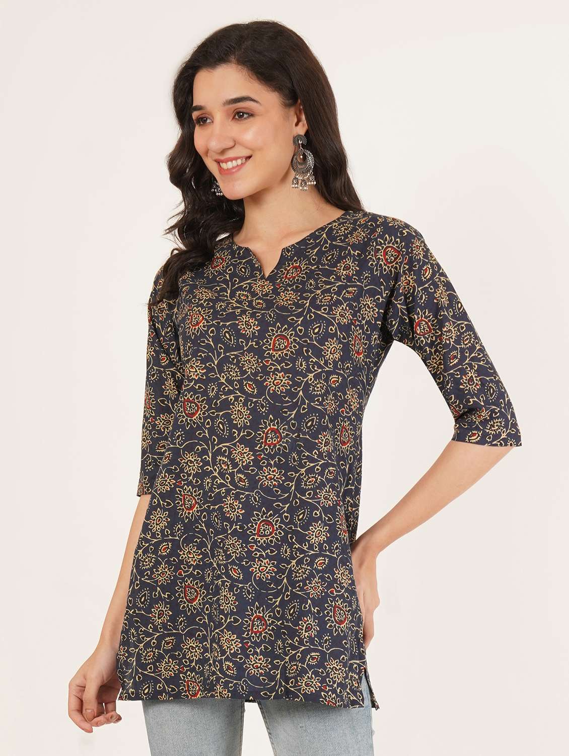 women floral three quarter sleeve straight kurti - 22386950 -  Standard Image - 2