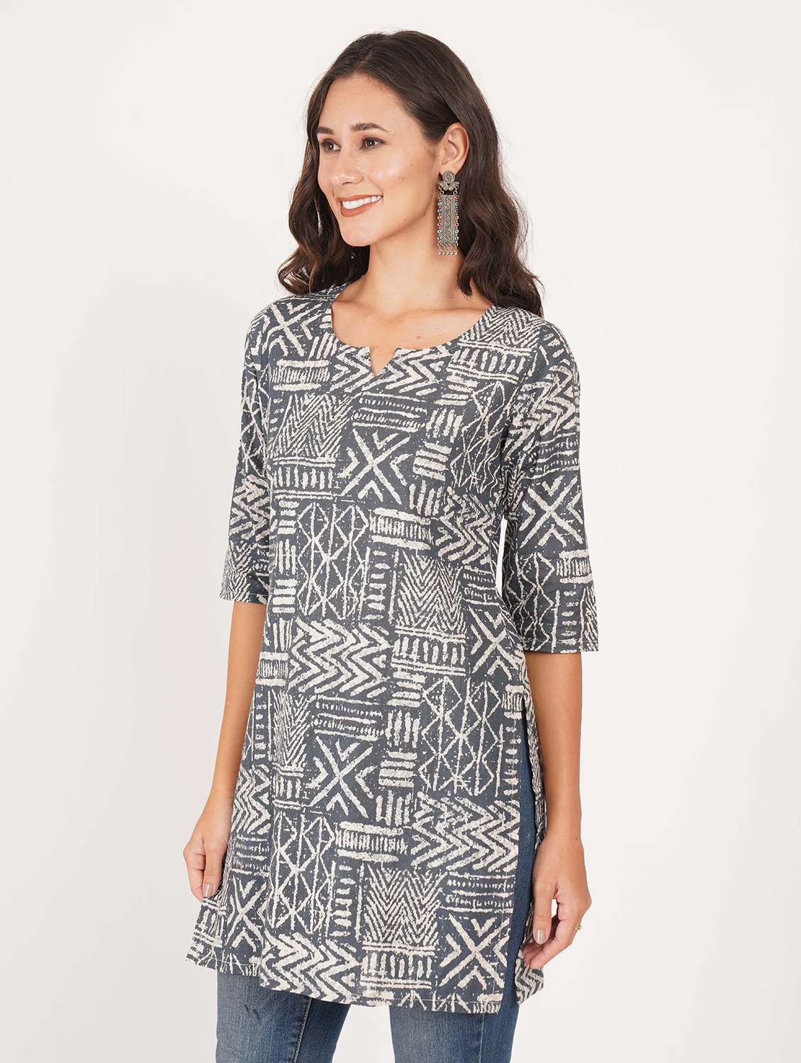 women printed three quarter sleeve straight kurti - 22386953 -  Standard Image - 2