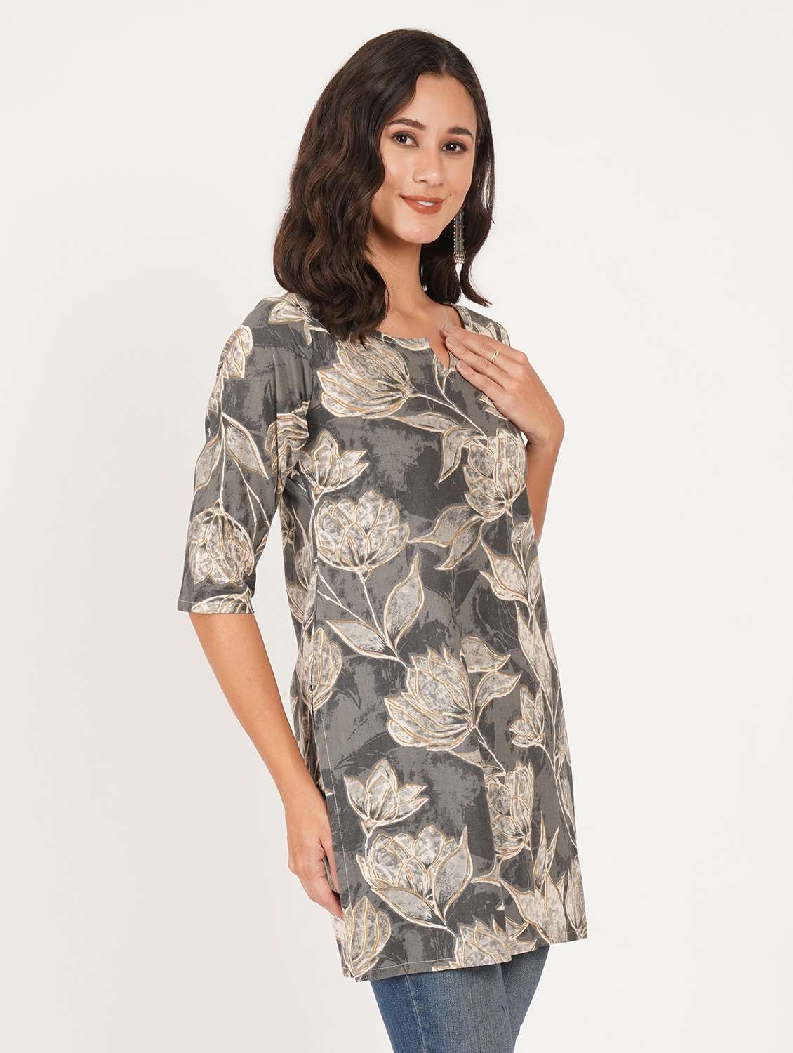 women printed three quarter sleeve straight kurti - 22386956 -  Standard Image - 2