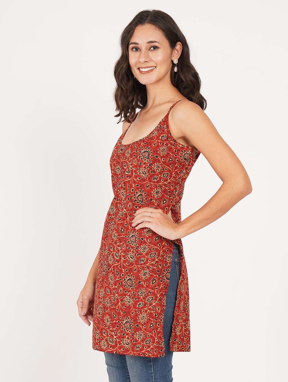 women printed shoulder strap straight kurti - 22386965 -  Standard Image - 2