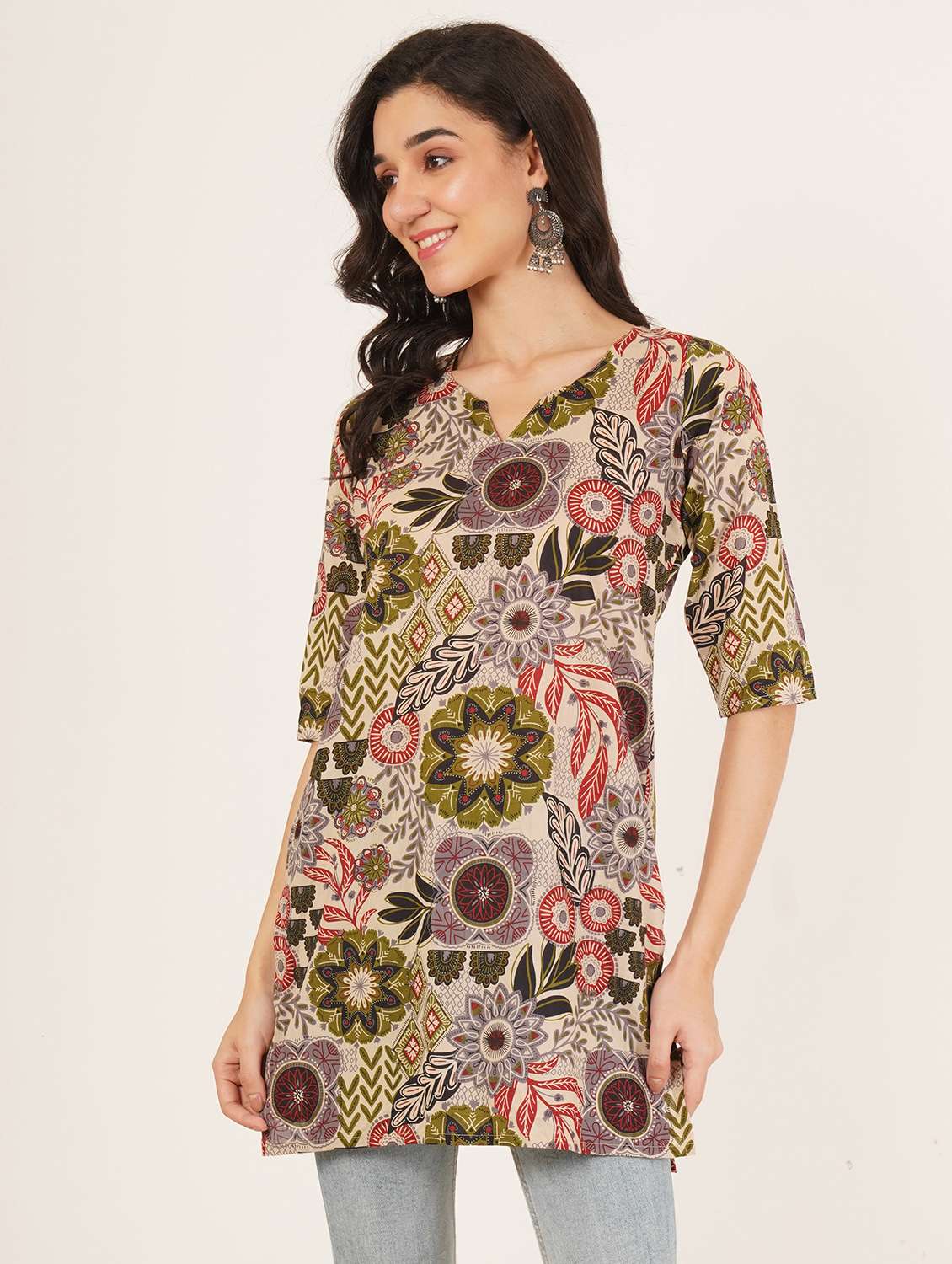 women floral printed three quarter sleeve straight kurti