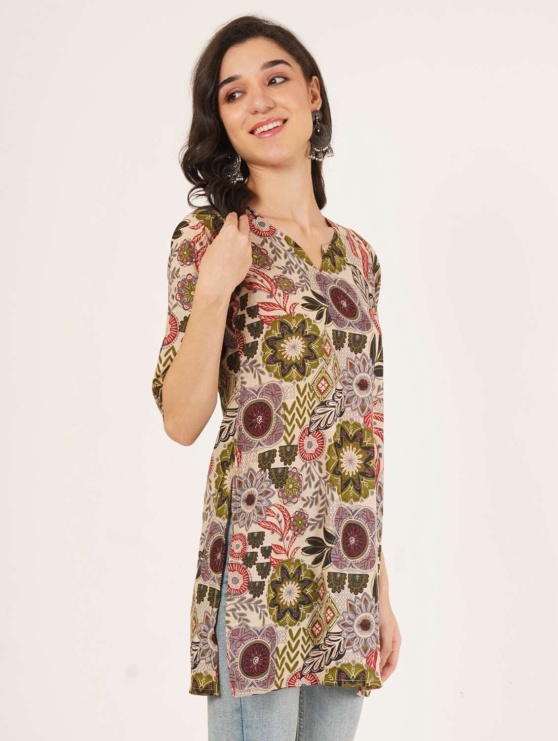 women floral printed three quarter sleeve straight kurti - 22386996 -  Standard Image - 2