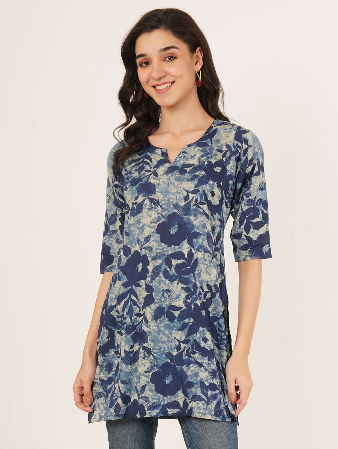 women floral printed three quarter sleeve straight kurti